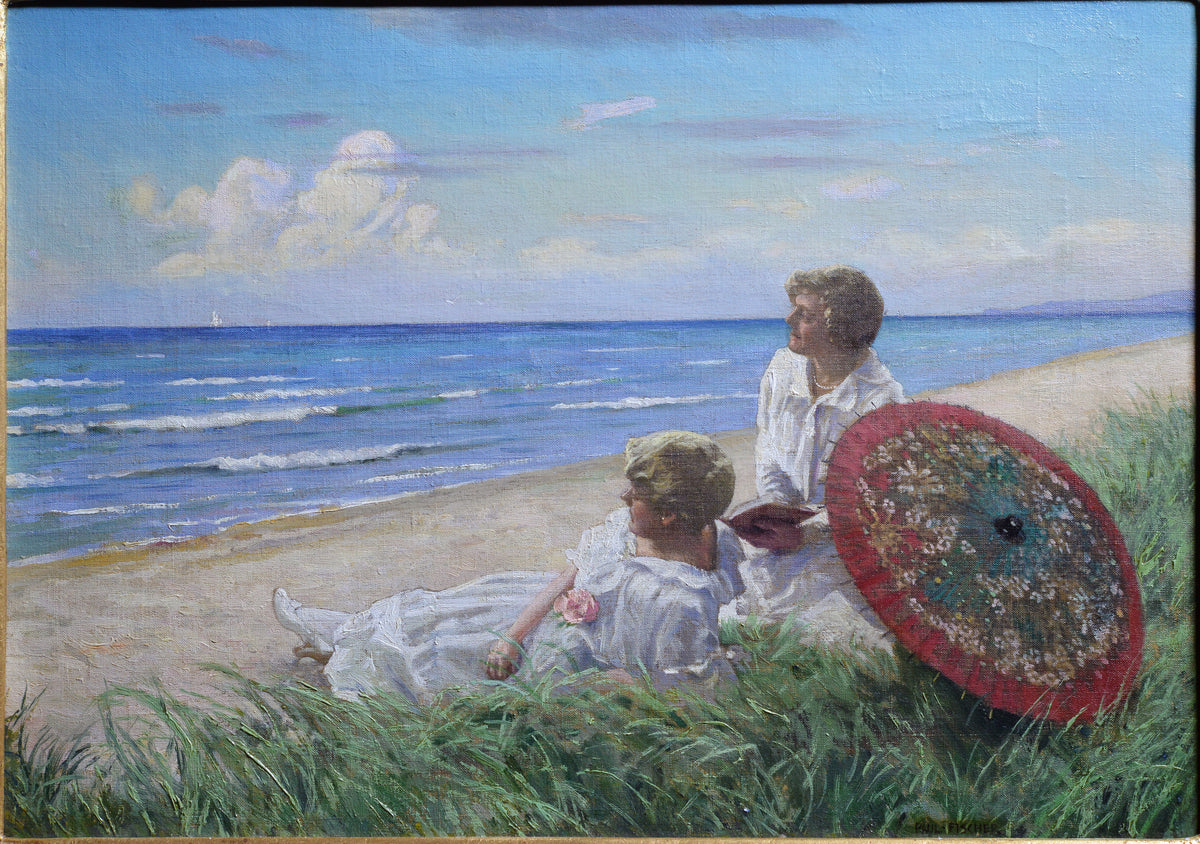 Red parasol or Two young women on the beach early 20C signed Paul Fischer