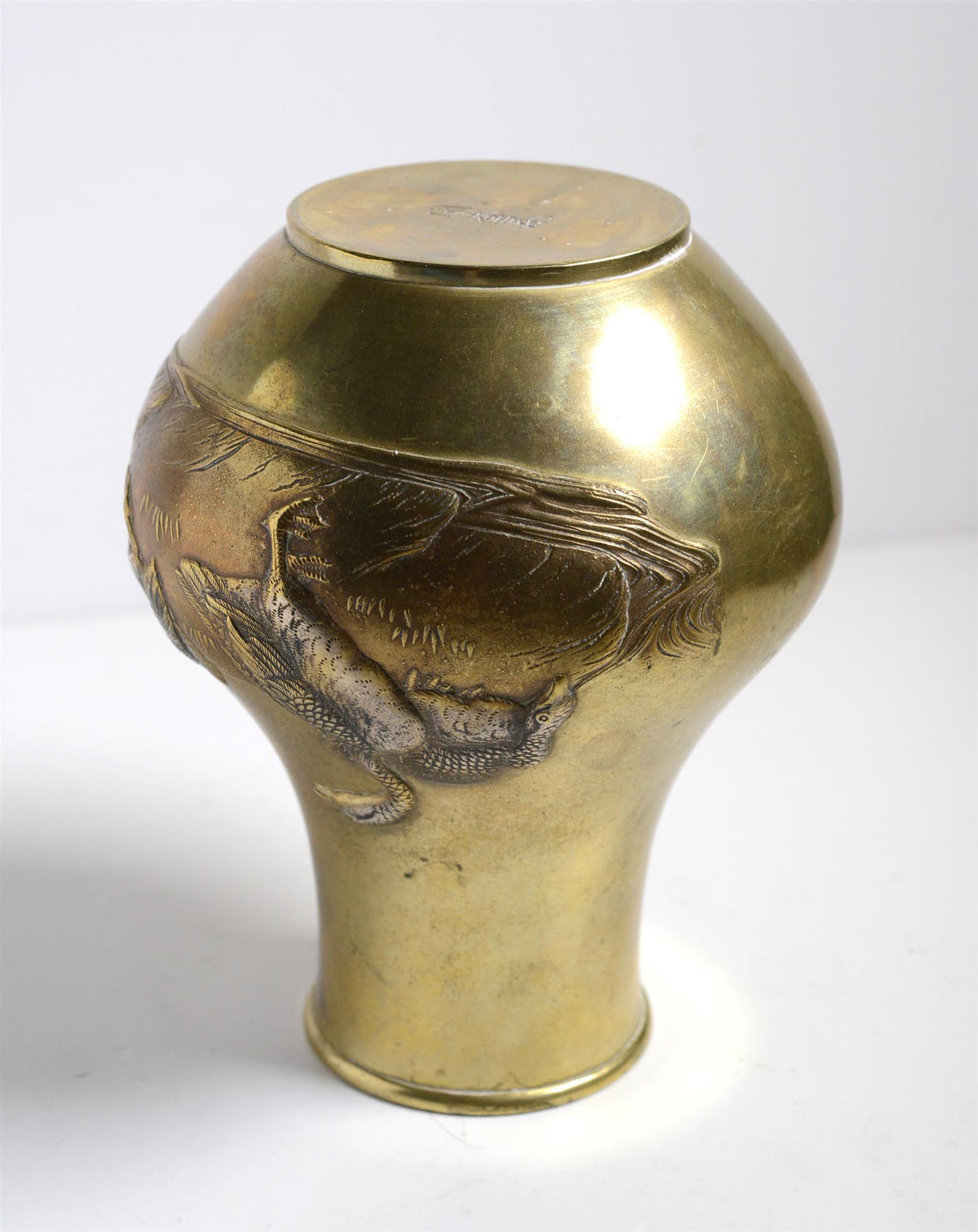 Signed Antique Japanese Meiji Brass Vase w Silver Plated Geese late 19th century