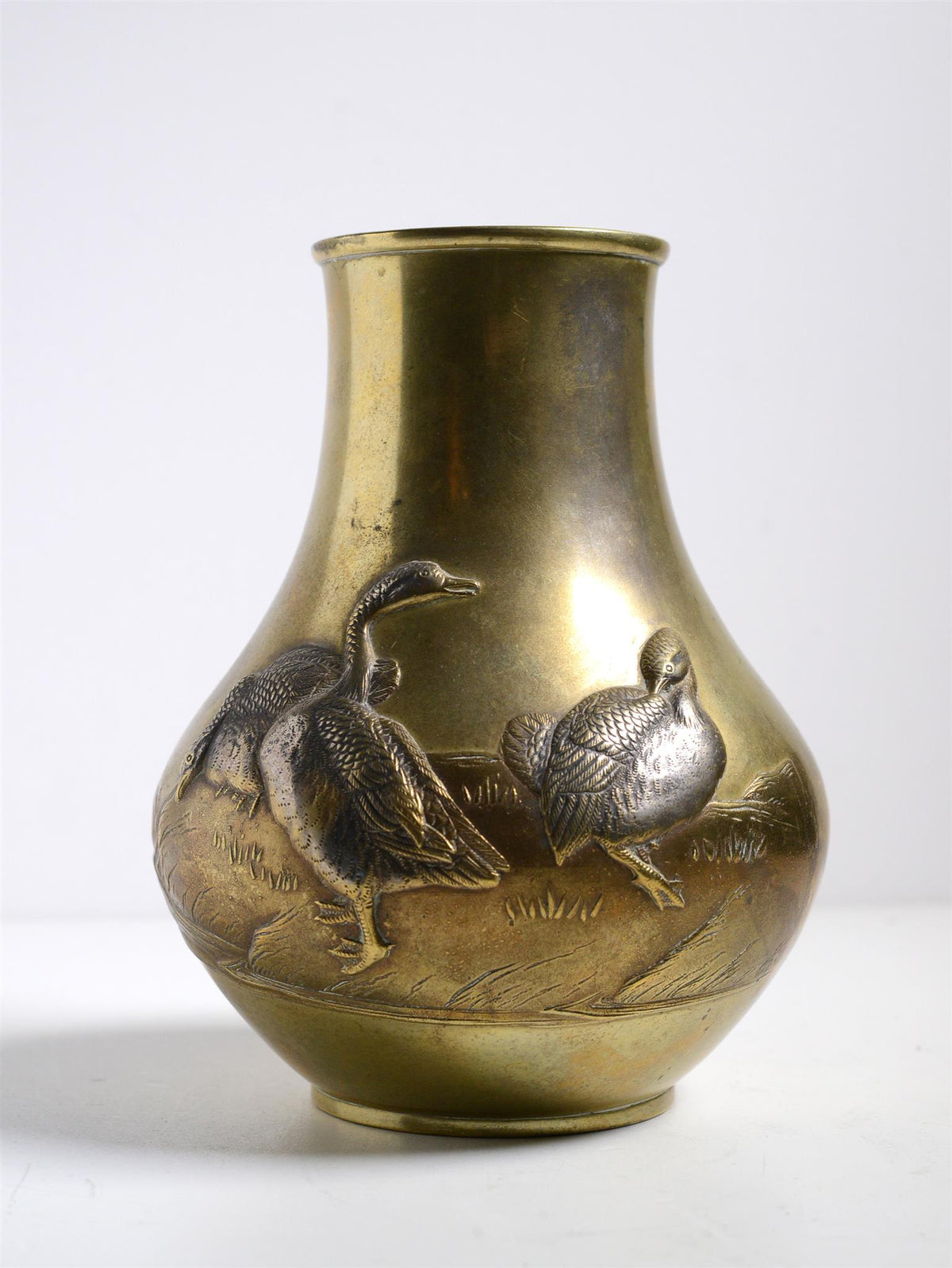 Signed Antique Japanese Meiji Brass Vase w Silver Plated Geese late 19th century