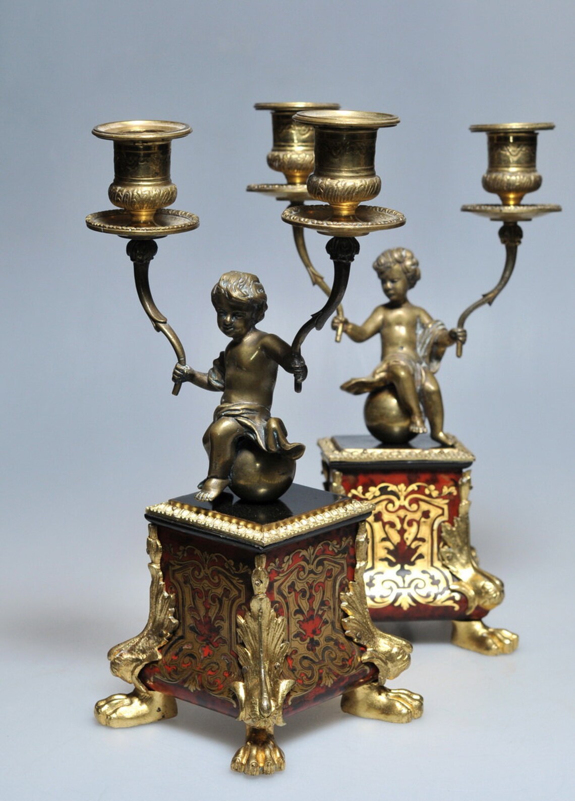 c.1780 Scarce Antique Figural Gilt Bronze & Boulle Marquetry Candle Holders