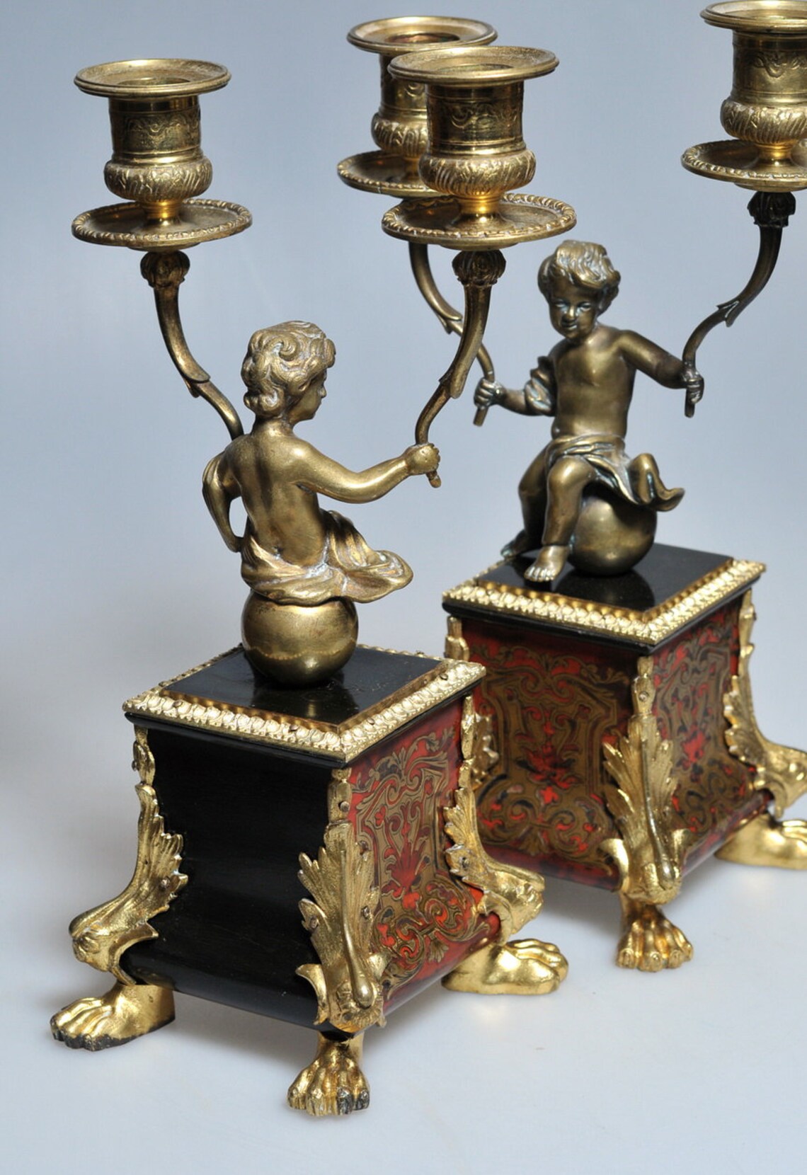 c.1780 Scarce Antique Figural Gilt Bronze & Boulle Marquetry Candle Holders