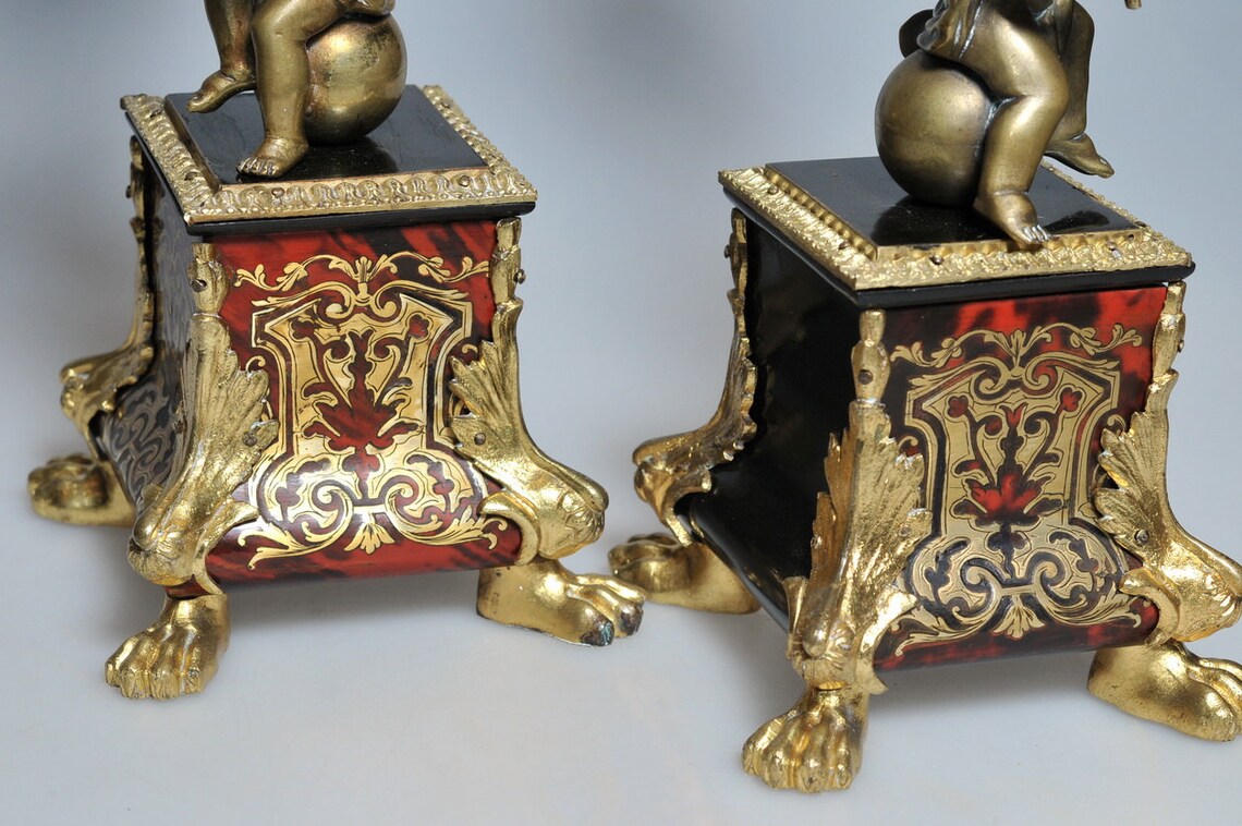 c.1780 Scarce Antique Figural Gilt Bronze & Boulle Marquetry Candle Holders