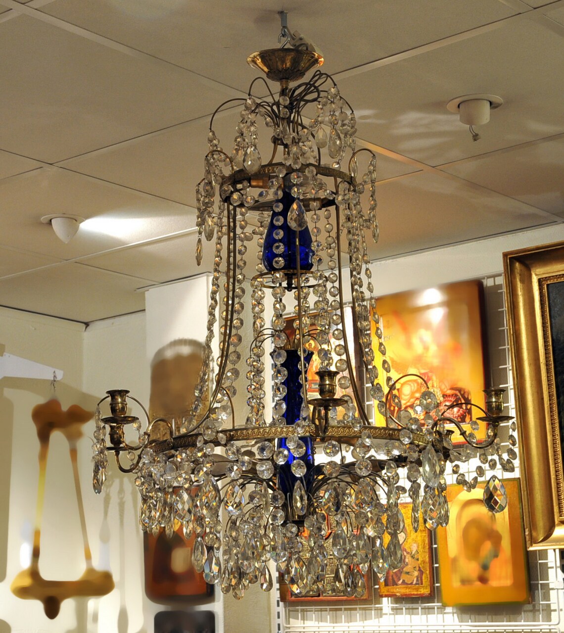 Swedish Antique Gilt Bronze & Cut Crystal Six Light Chandelier Henrik Brolin