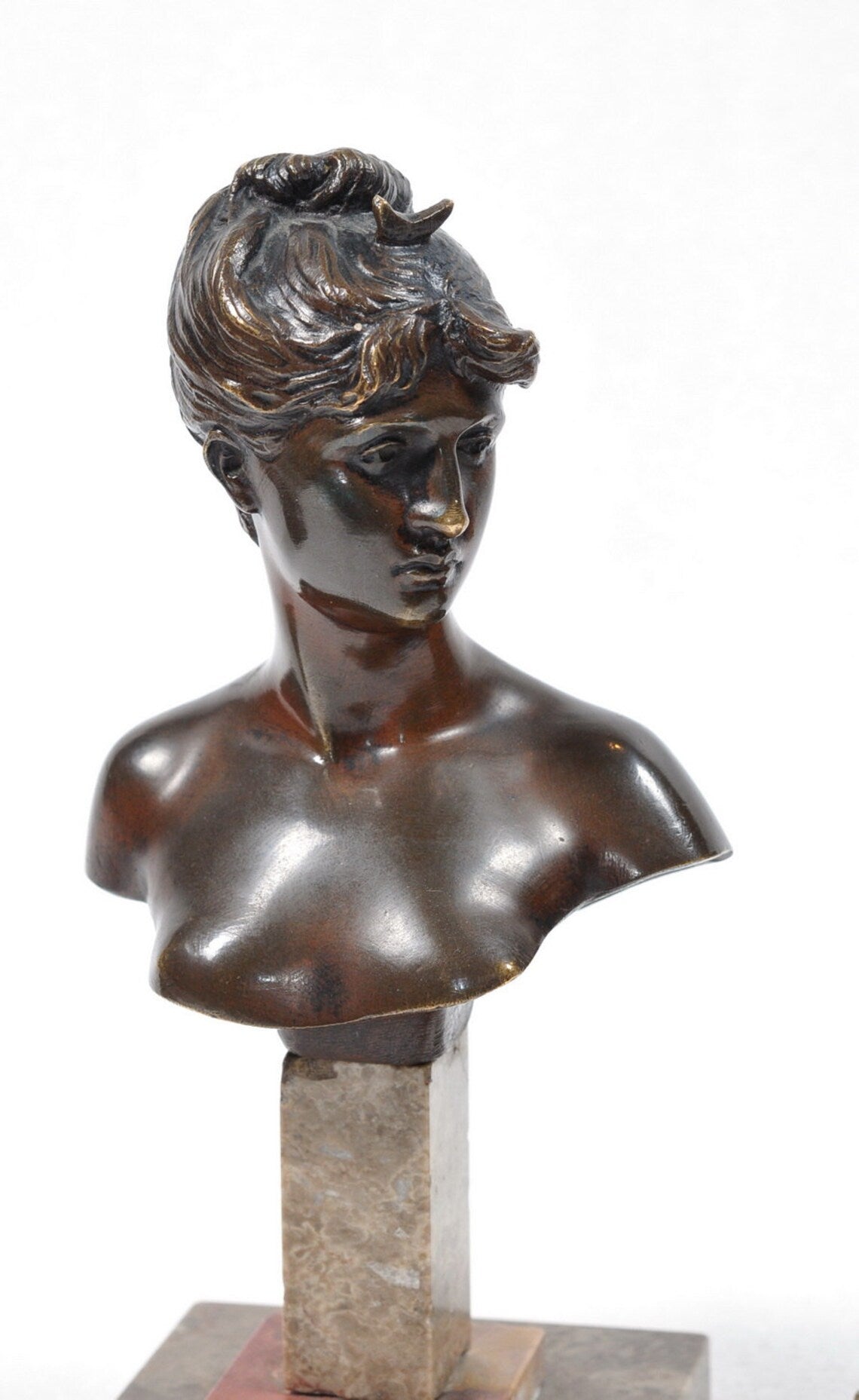 Two Miniatures Art Deco Bronze Busts Diana & Nude by French sculptor M. Moreau