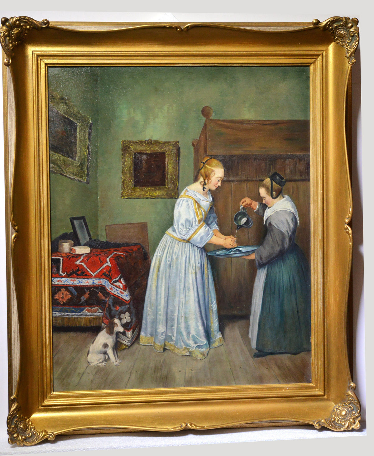 Interior scene of Handwashing Vintage quality oil painting Old masters style