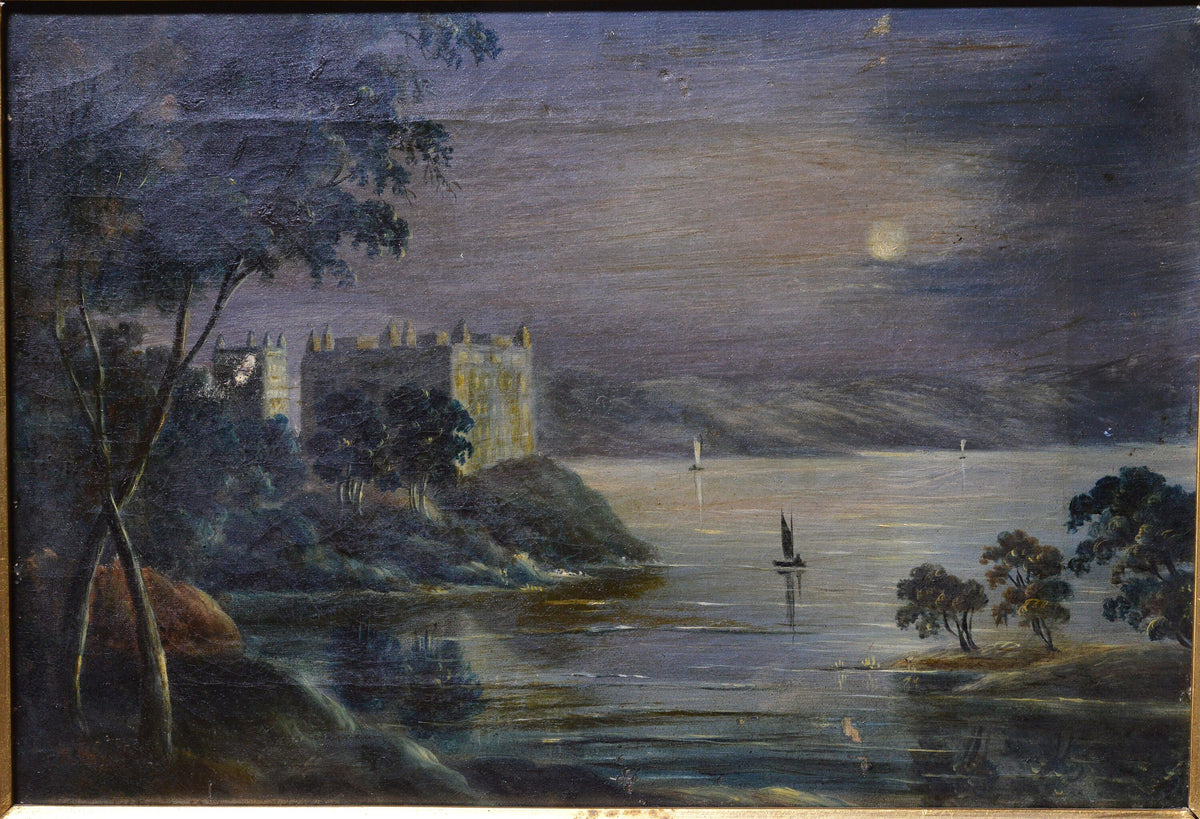 Night moonscape with lake and castle Early 19th century Oil painting