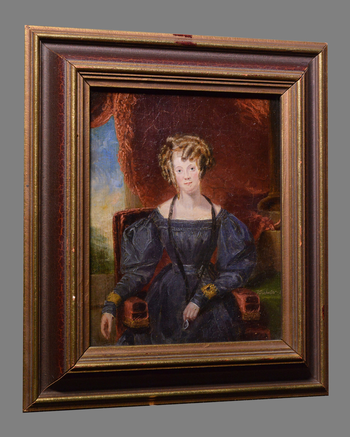 Portrait of red haired lady by austrian master Kriehuber 19C antique oil