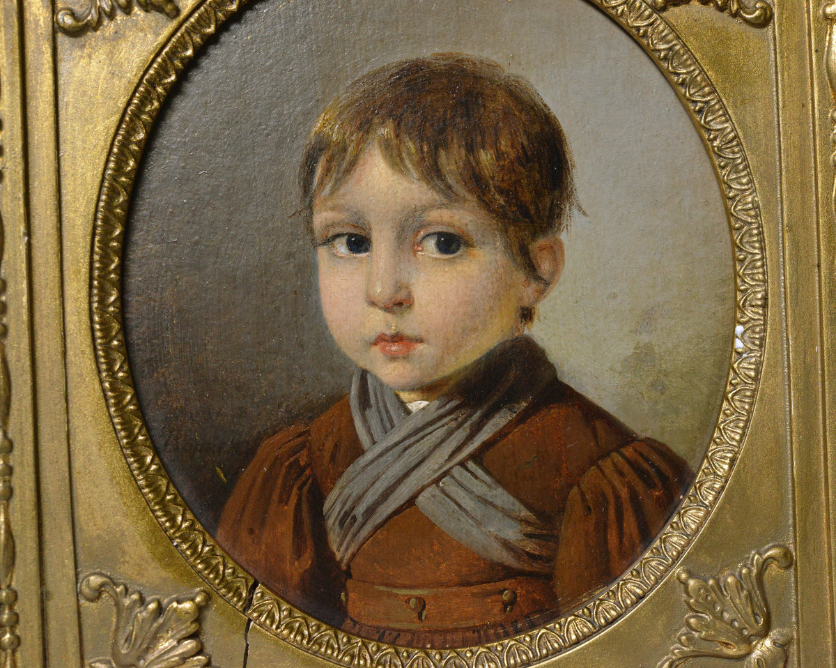 Portrait of Child winter dress 19C Oil painting by Russian master