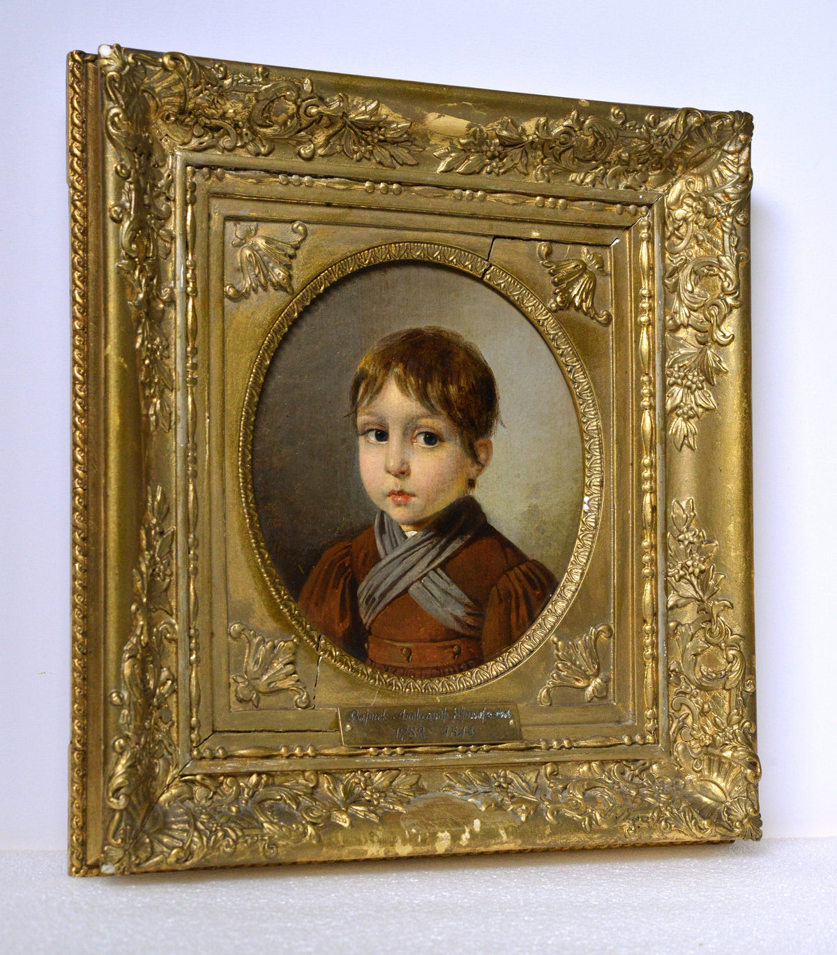 Portrait of Child winter dress 19C Oil painting by Russian master