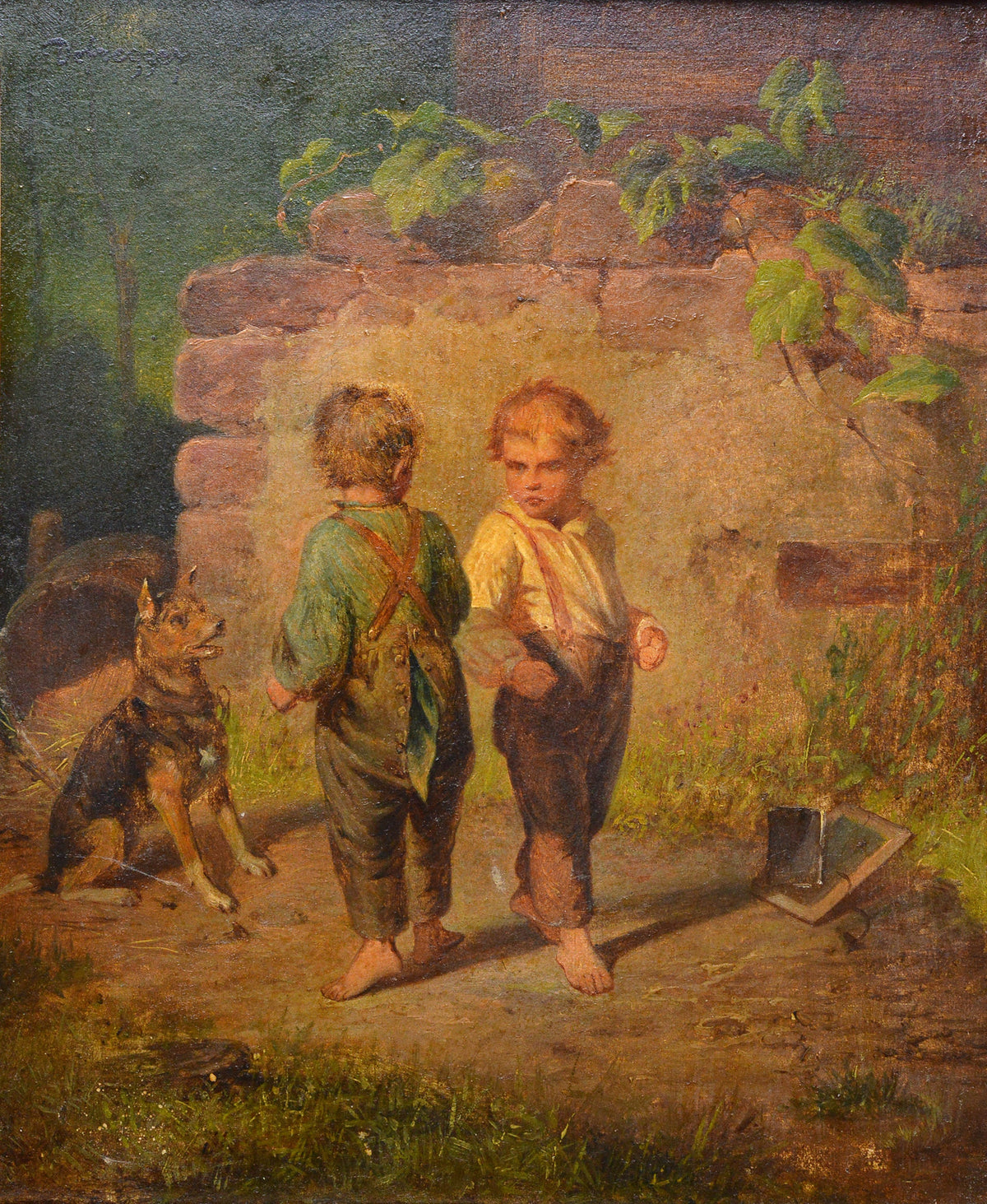 Genre scene Little brawlers 19C oil painting Austrian master Defregger