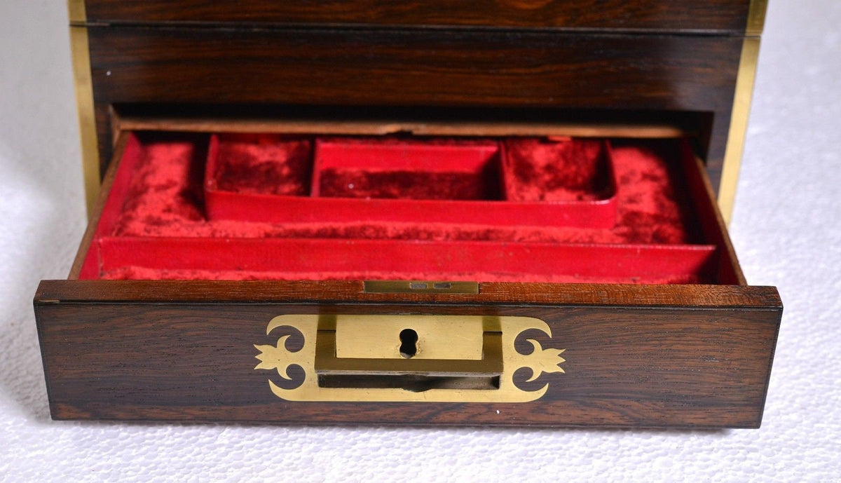 Important British antique brass marquetry toilette box w many drawers