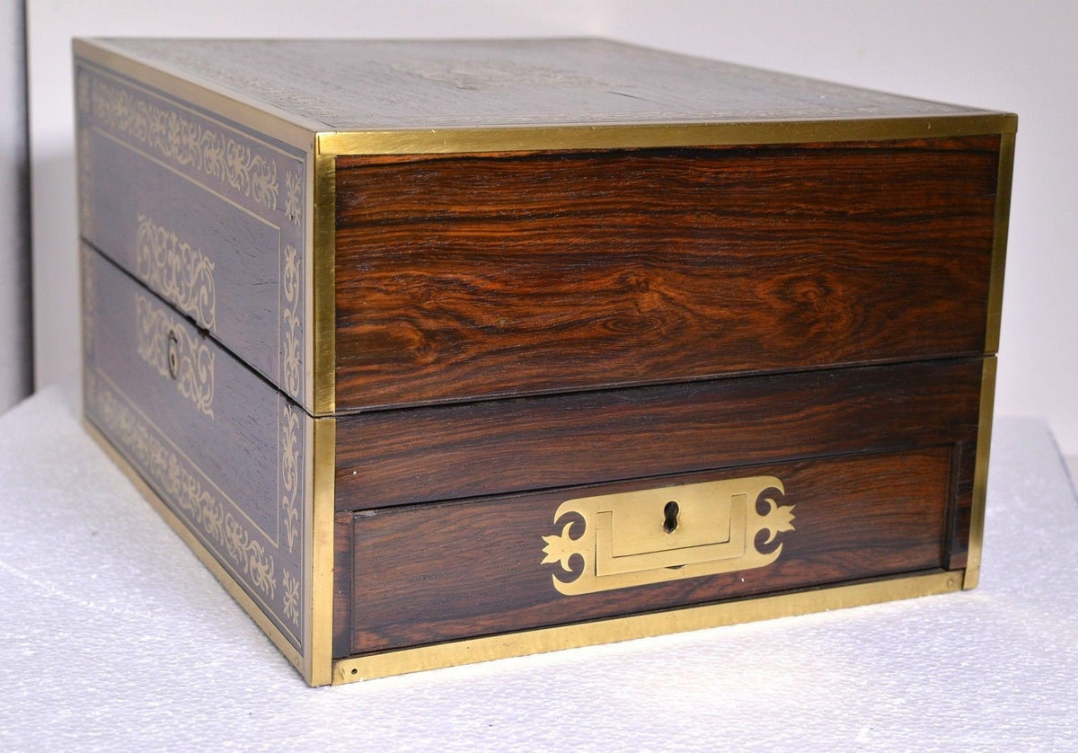 Important British antique brass marquetry toilette box w many drawers