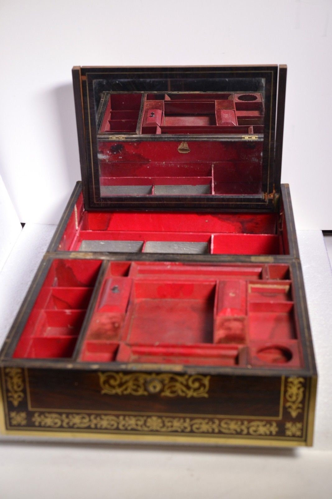 Important British antique brass marquetry toilette box w many drawers