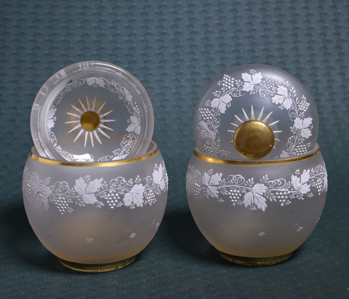 Pair of handpainted frosted glass and gold Jam or candy jars ca 1900 antique