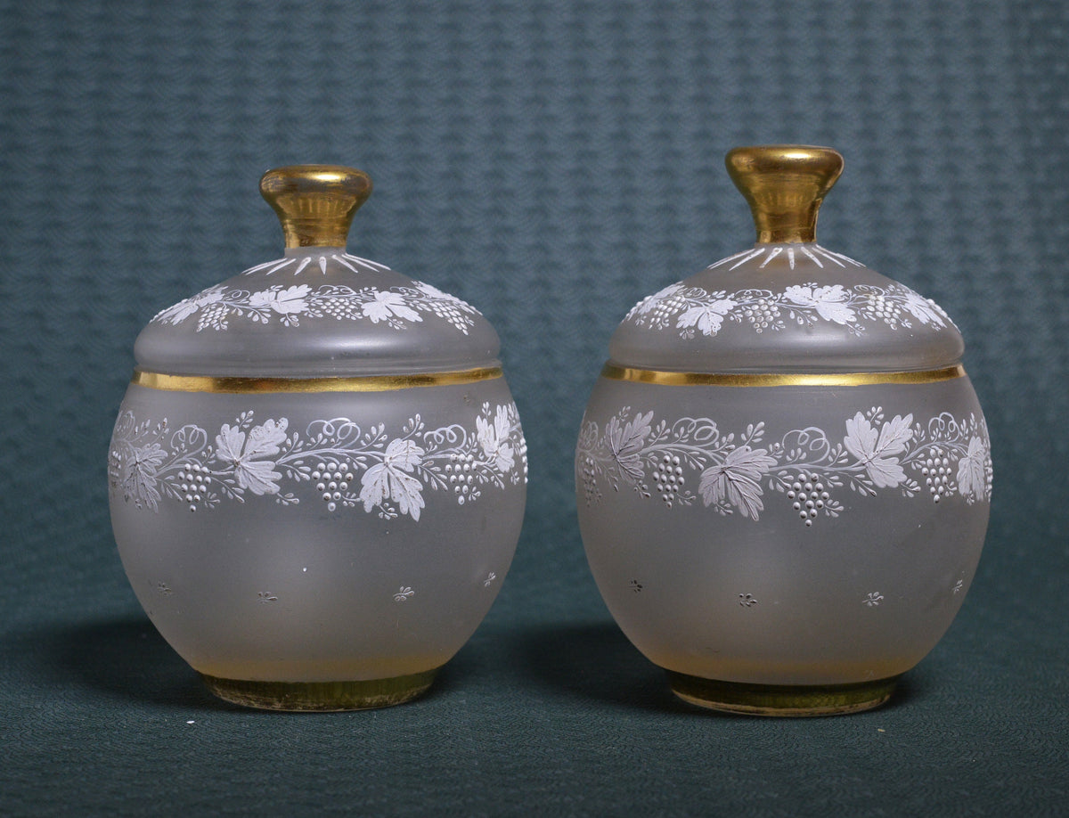 Pair of handpainted frosted glass and gold Jam or candy jars ca 1900 antique