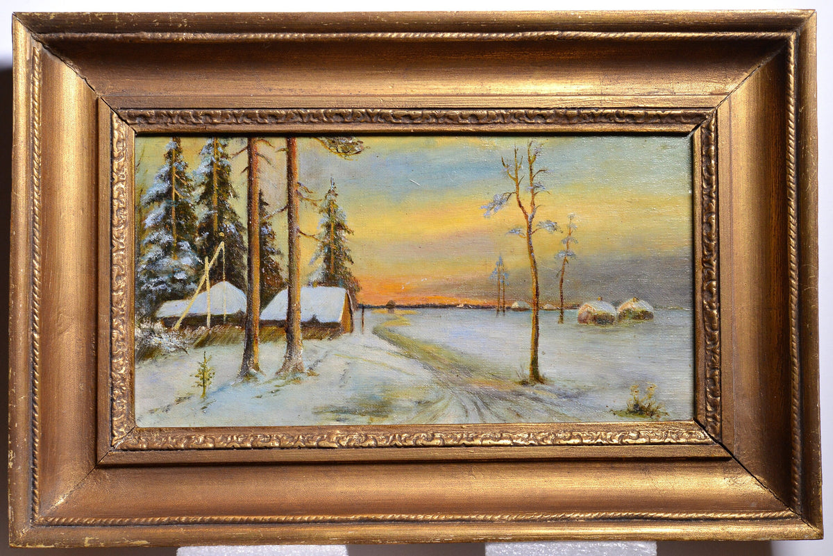 Russian countryside landscape Winter sunset 19th century Oil painting framed