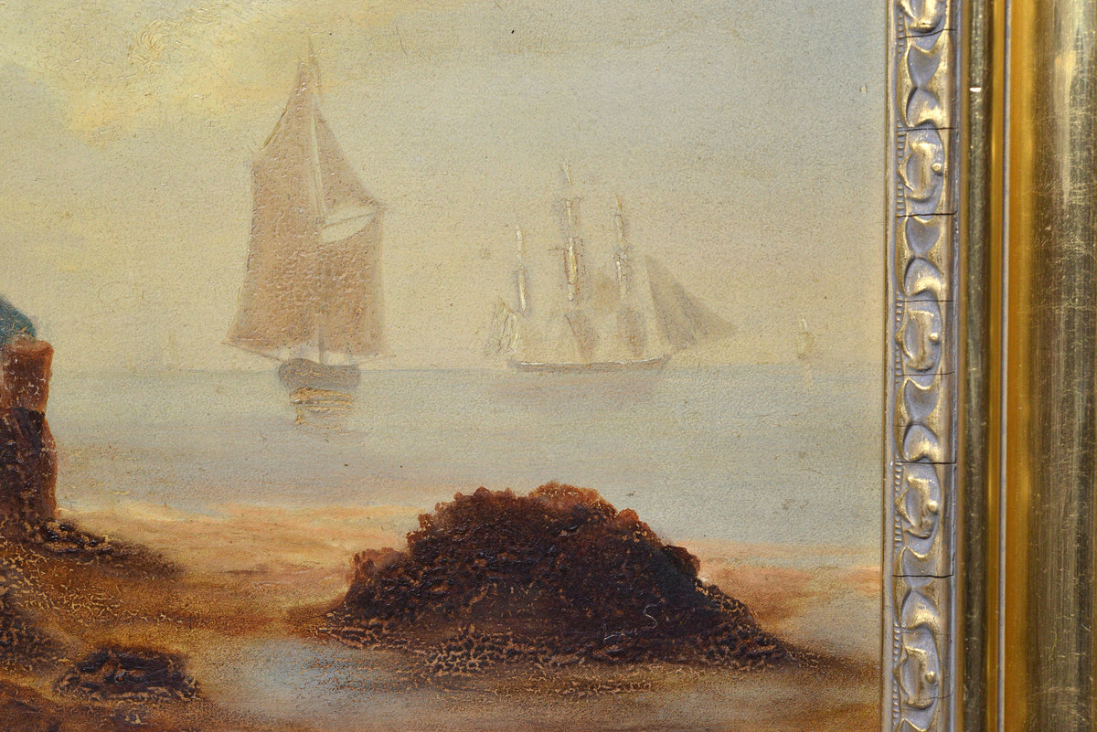 Coastal view w sailing boats and ships 19th century Oil painting framed