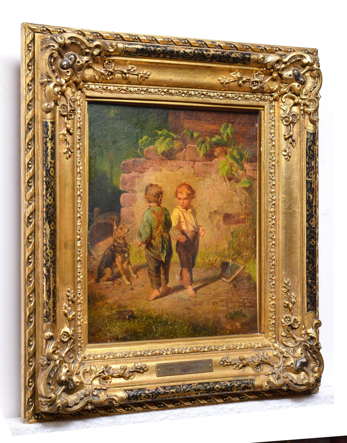 Genre scene Little brawlers 19C oil painting Austrian master Defregger