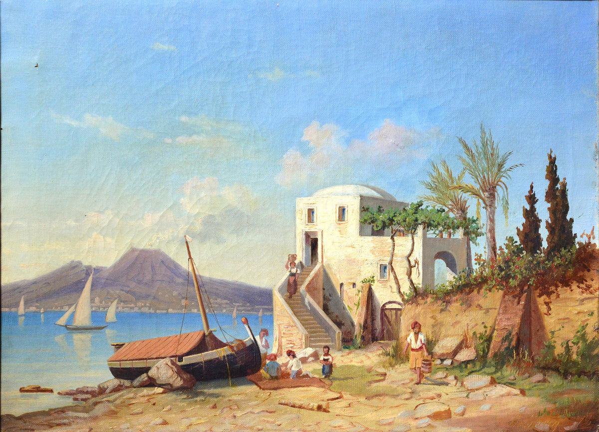 Nice and sunny Vesuvius view w sailing fishing boats signed 1878 antique oil