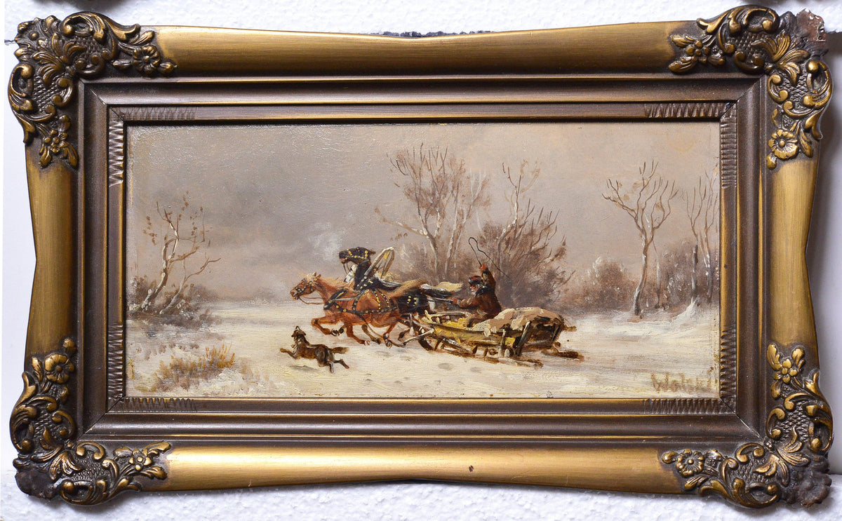 Russian troyka Wolf attack scene in winter 19C-20C Polish master pair oil paintings