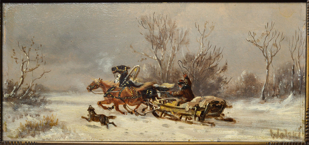 Russian troyka Wolf attack scene in winter 19C-20C Polish master pair oil paintings