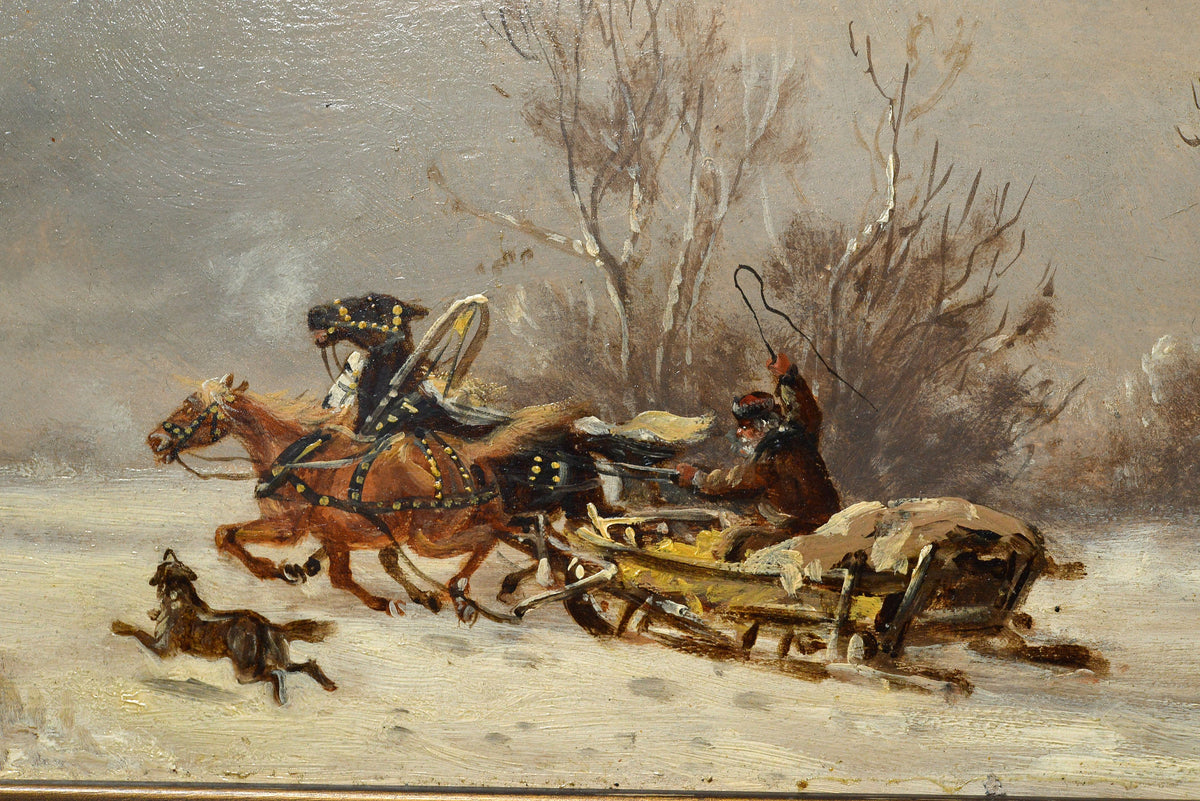 Russian troyka Wolf attack scene in winter 19C-20C Polish master pair oil paintings