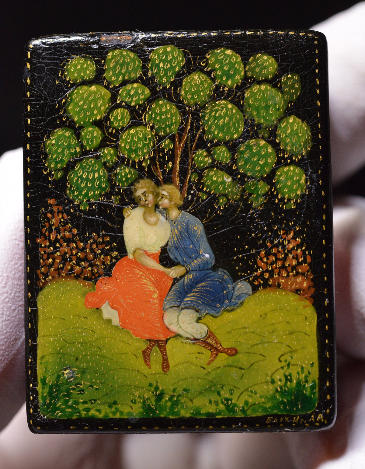 early 20C Palekh lacquer miniature box match holder master Blokhin rare antique