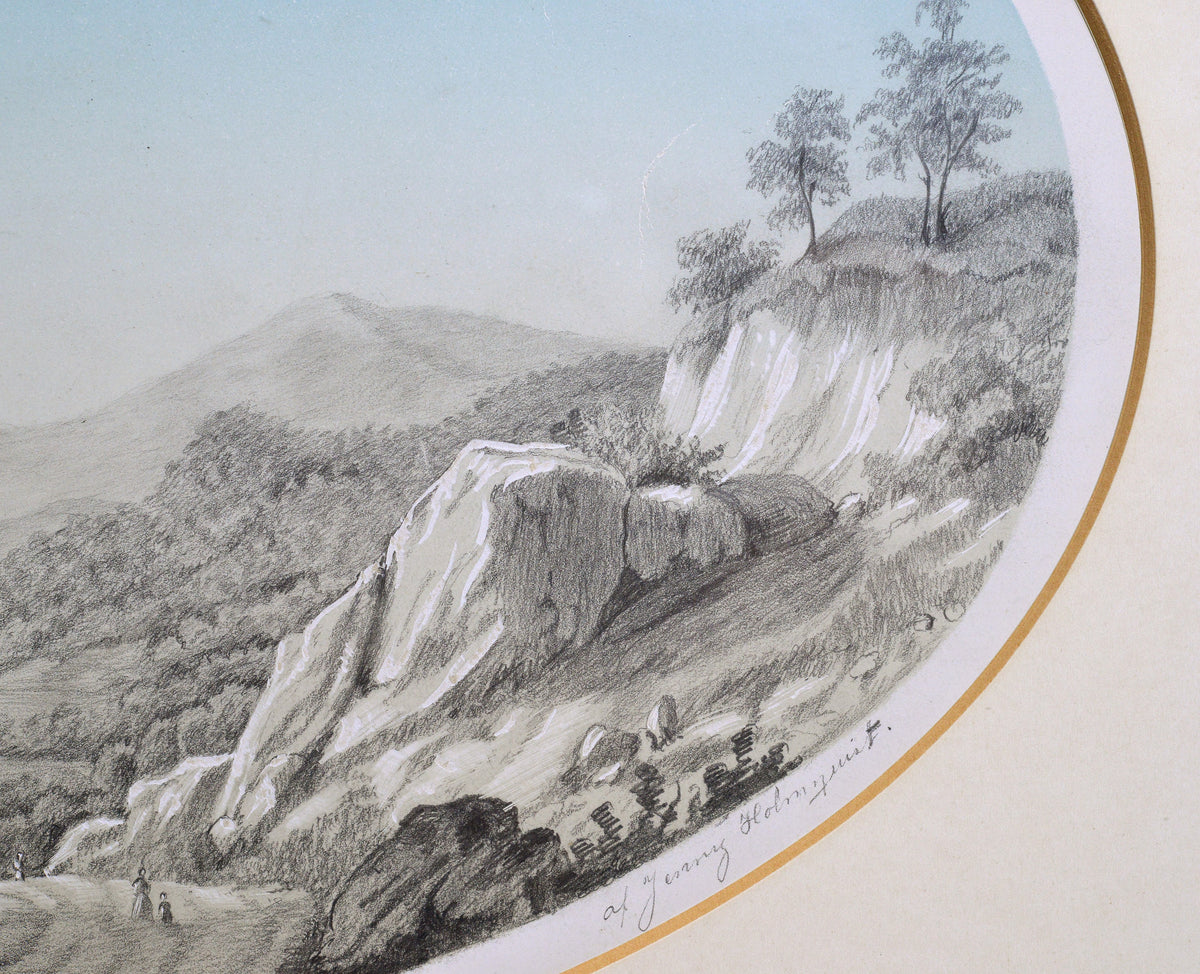 Early 19C signed antique grisaille drawing painting romantic landscape by lady