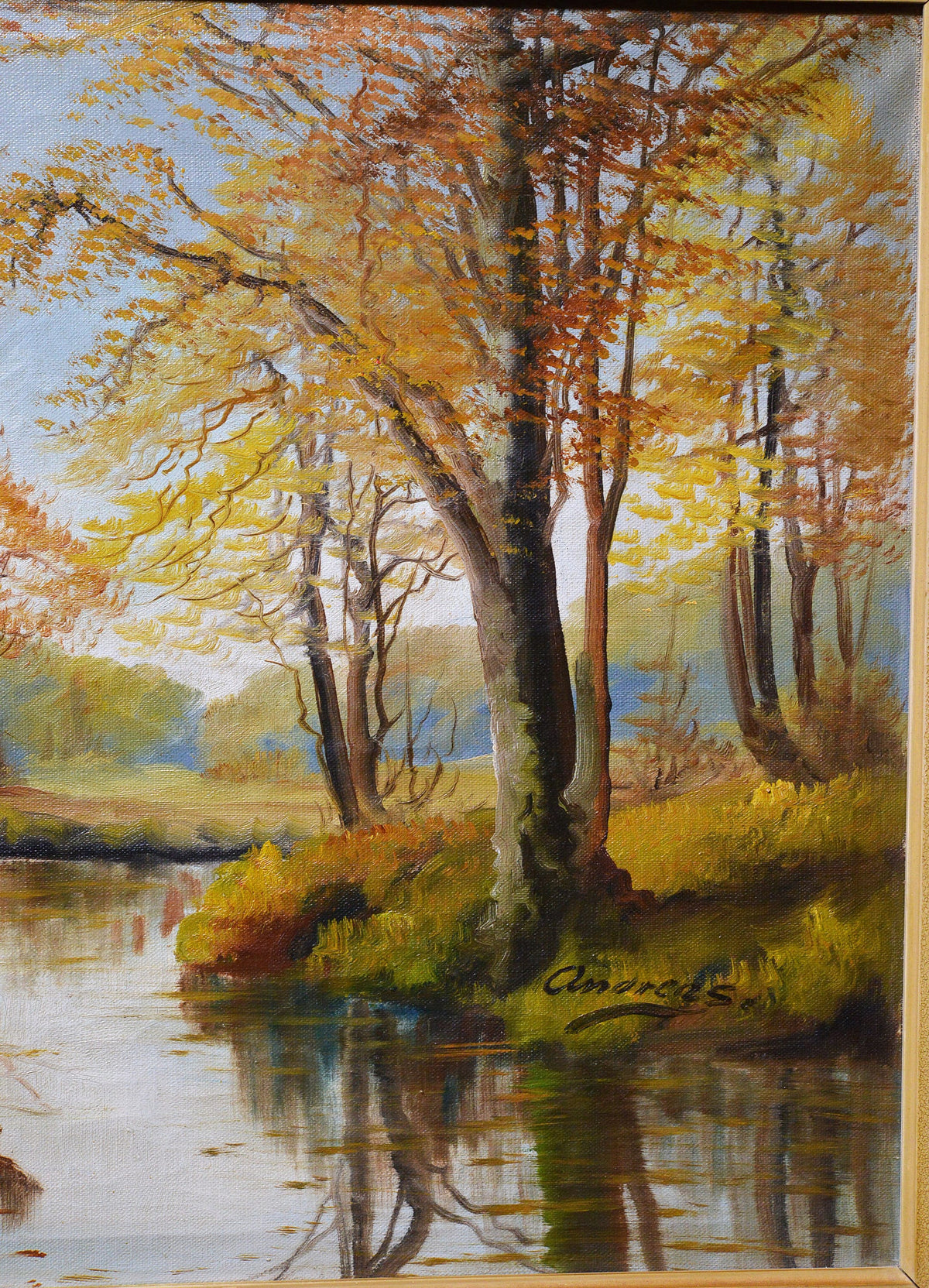 mid 20C Scandinavian nostalgic autumn landscape w river by professional master