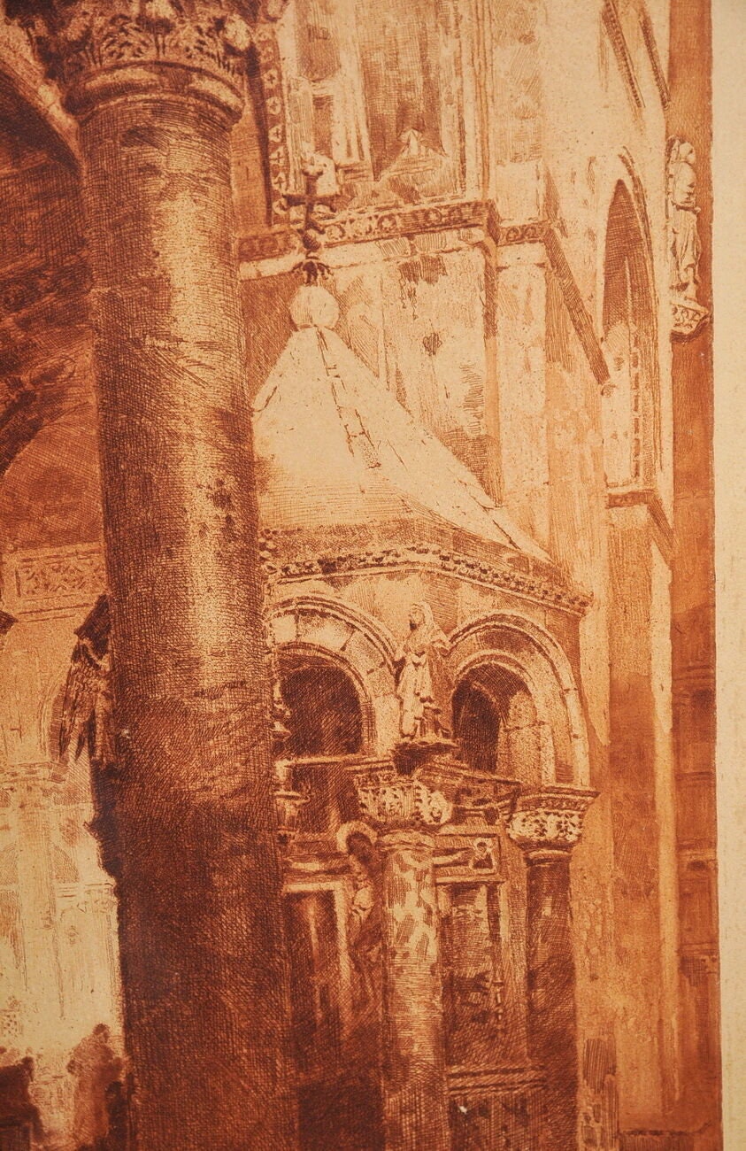 1907 antique swedish sepia etching Venetian cathedral interior w prayers