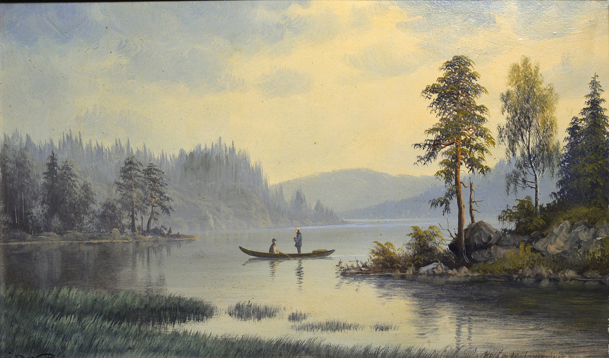 early 20C stunning lakeland fishing panoramic landscape Swedish painter