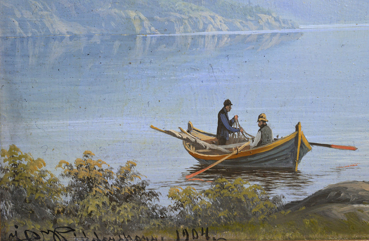 Fishing scene in stunning nordic lakeland landscape early 20C panoramic painting