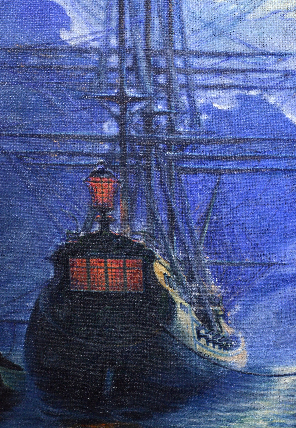 Old sailing ship fregate in blue moonlit fine marine modernist oil signed 1913