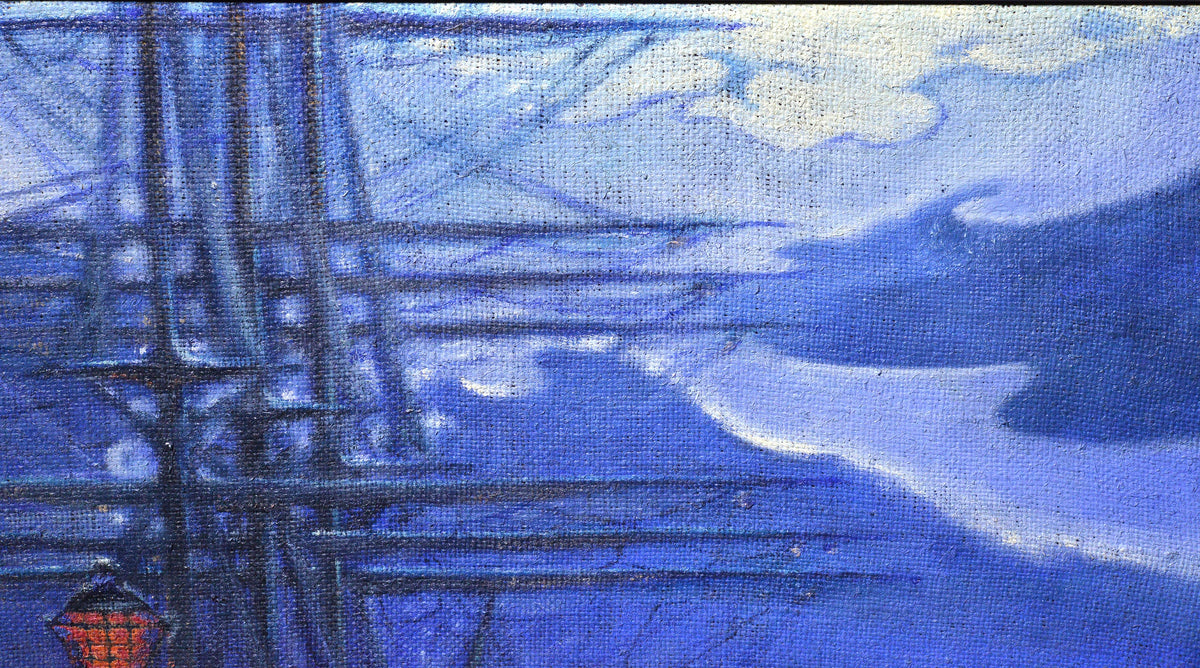 Old sailing ship fregate in blue moonlit fine marine modernist oil signed 1913