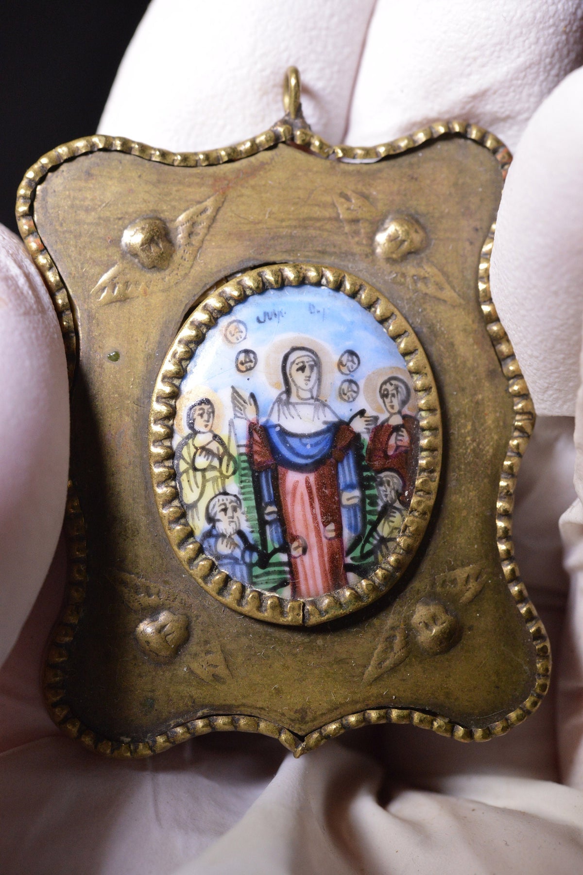 Miniature icon Our Lady Joy of All Who Sorrow Russian antique porcelain pendant