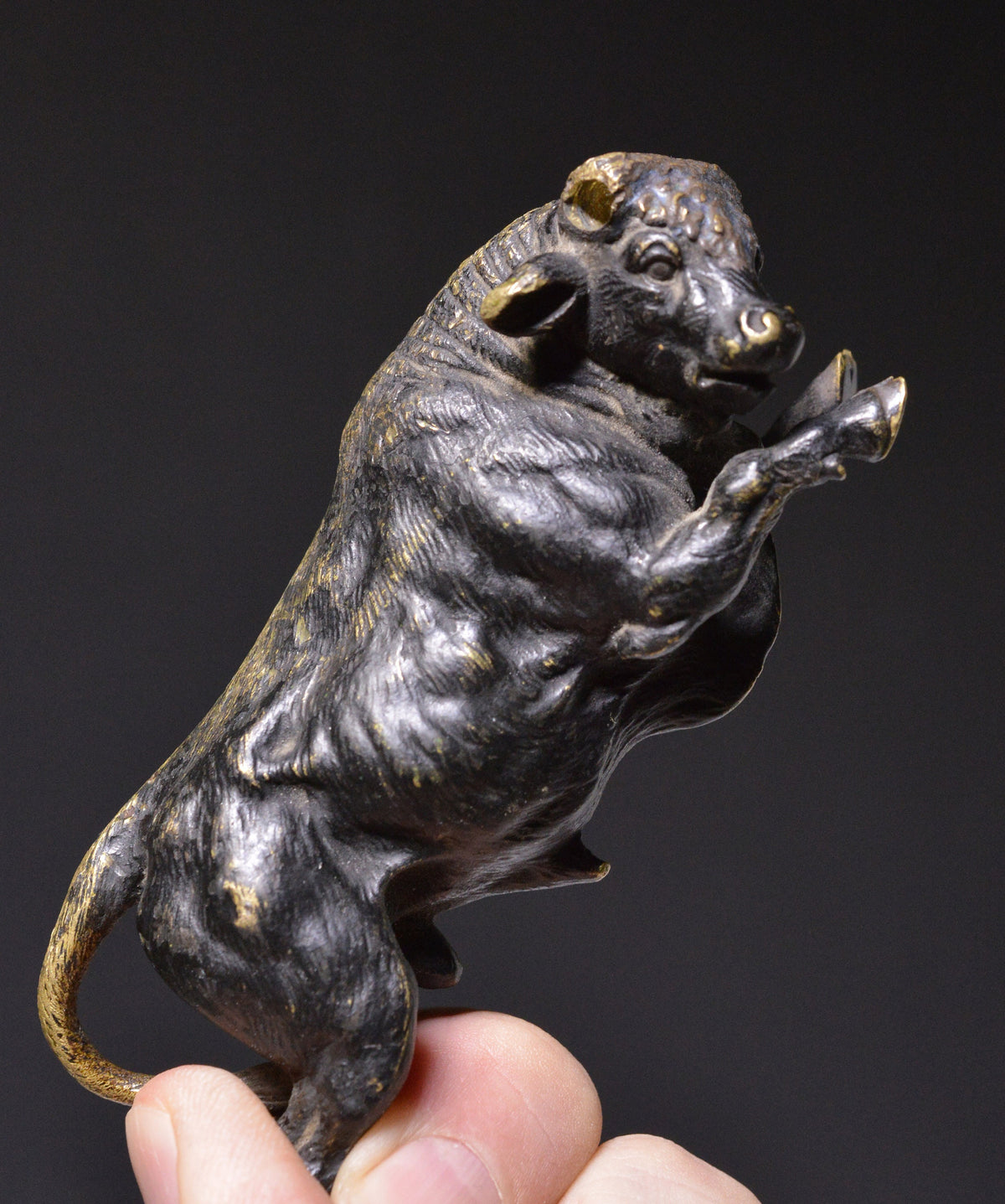 Fine 19C small antique bronze figurine of flying bull buffalo torres miniature