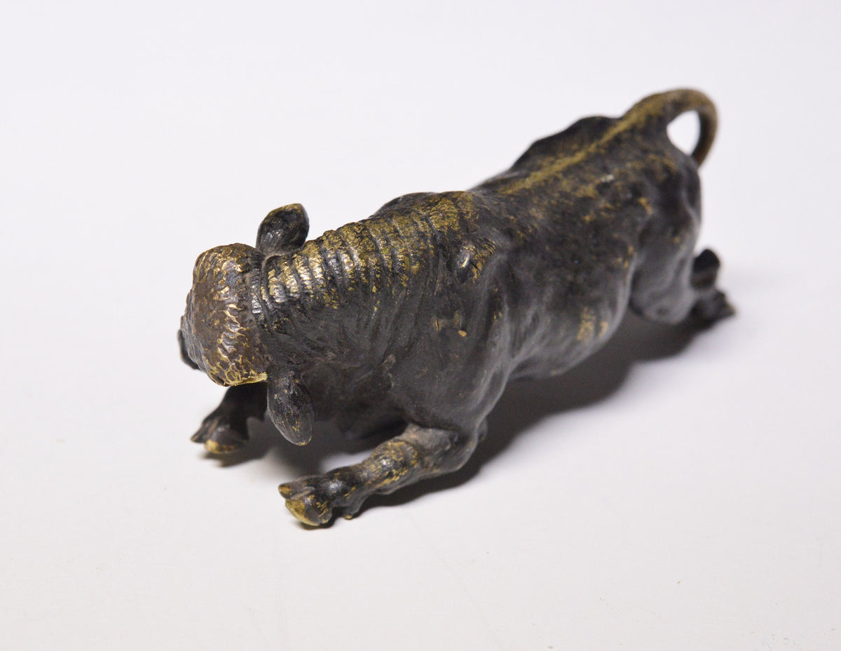 Fine 19C small antique bronze figurine of flying bull buffalo torres miniature