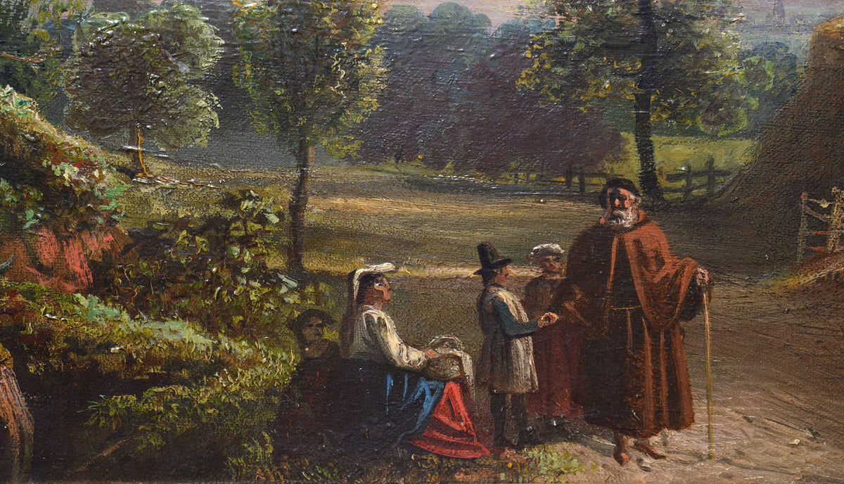 Blessing of a traveling monk Landscape of Italian school 19th century Signed