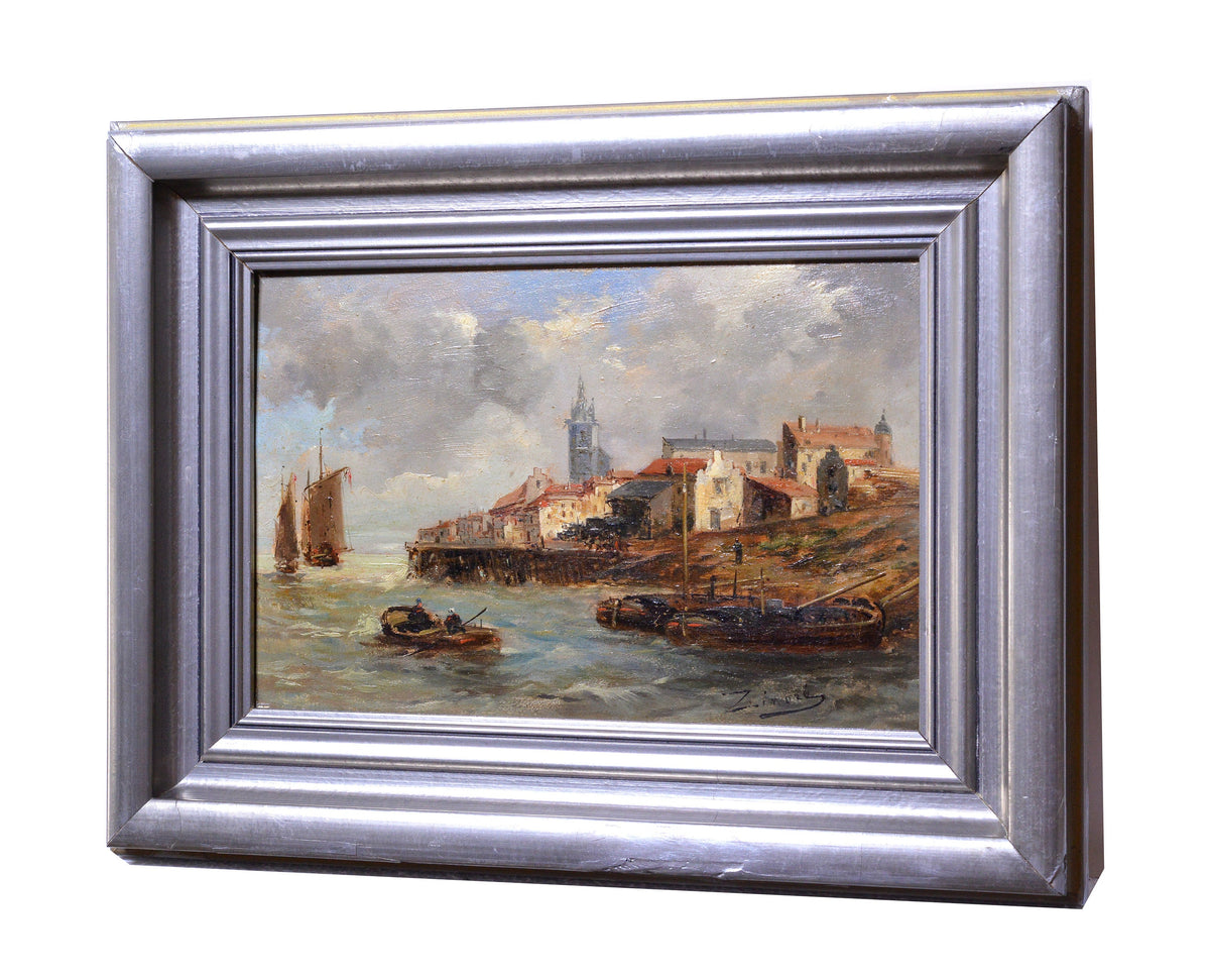 Seascape of a mediterranean coastal town 19C antique oil painting signed Zimore