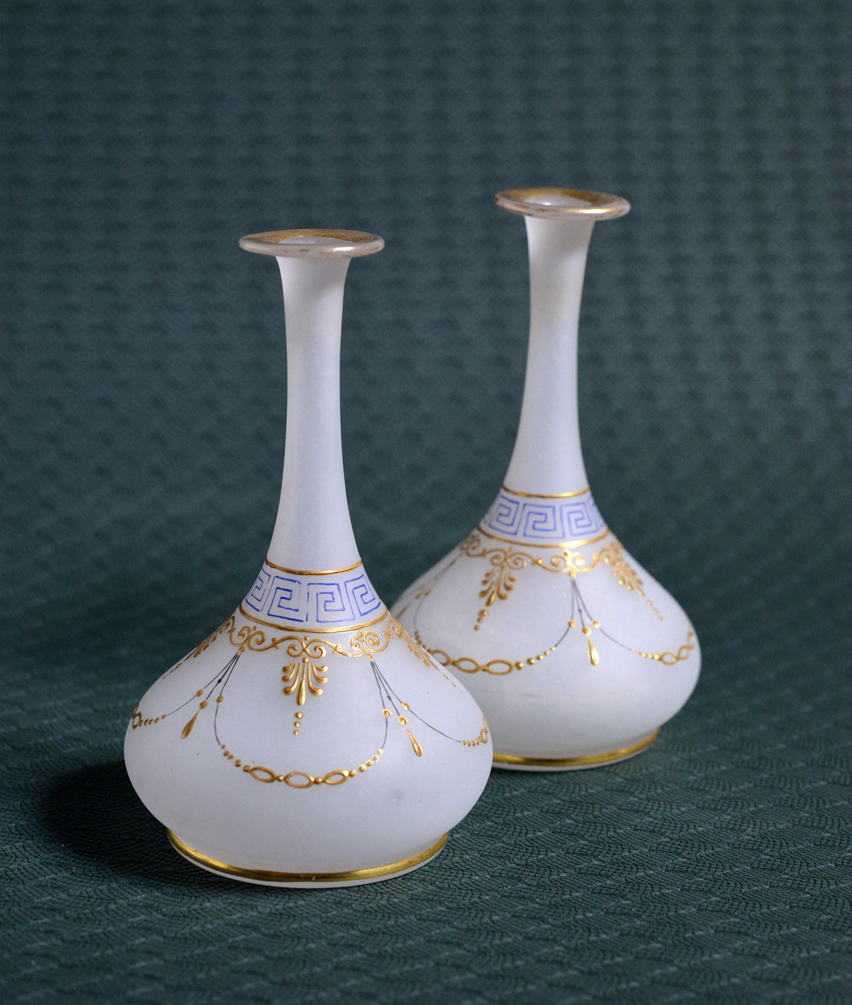 early 20C pair antique Russian milk frosted glass & gold small flower vases