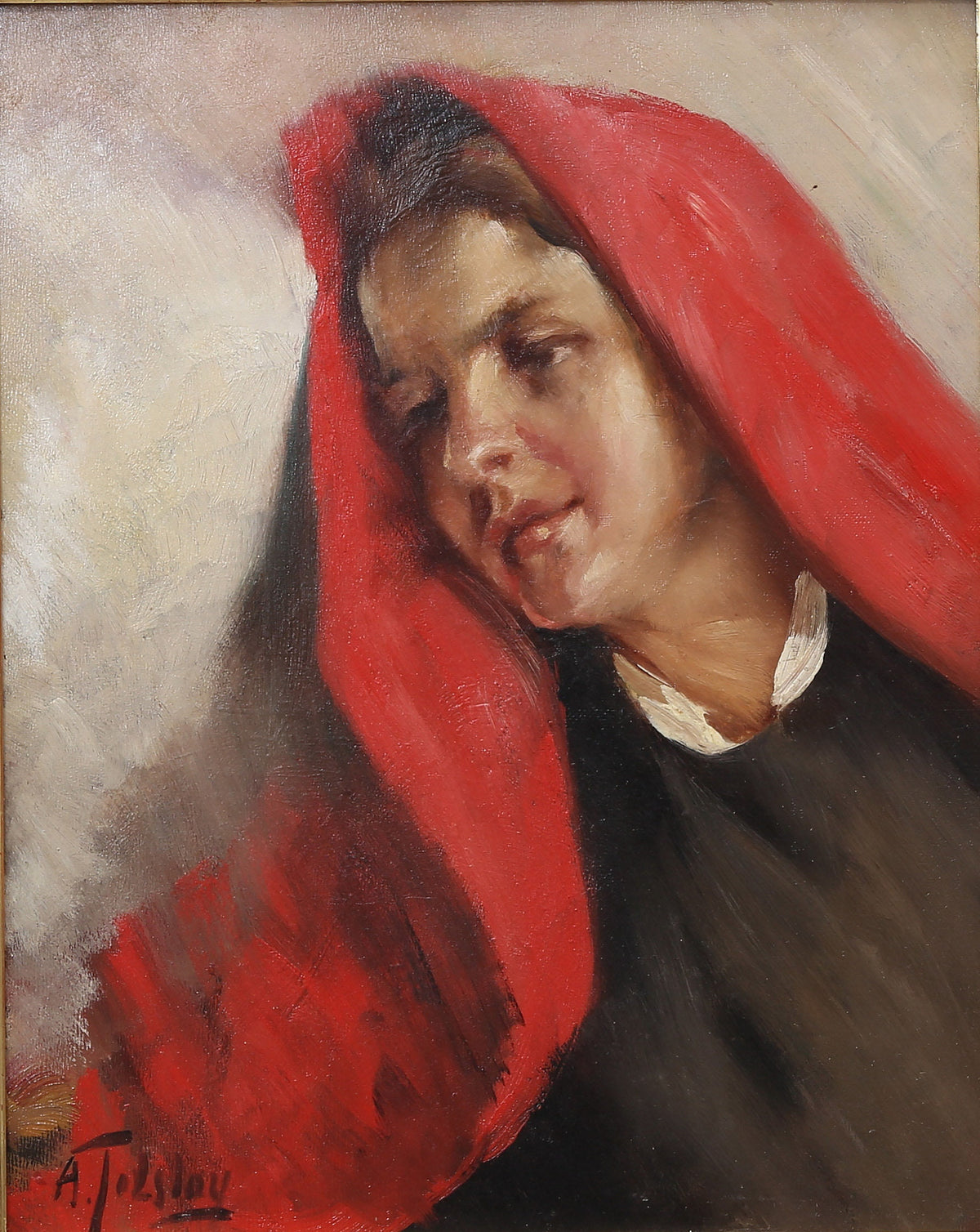 Russian Swedish portrait Girl in red shawl Mid 20th century Oil painting Signed