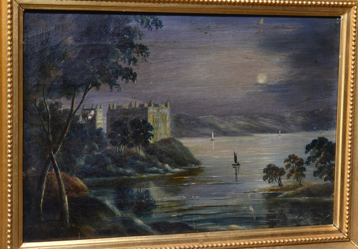 Night moonscape with lake and castle Early 19th century Oil painting