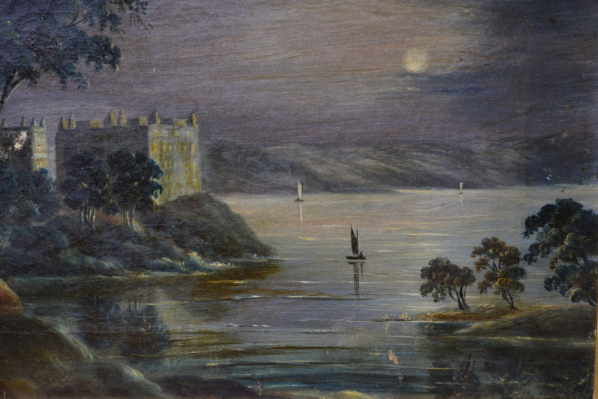 Night moonscape with lake and castle Early 19th century Oil painting