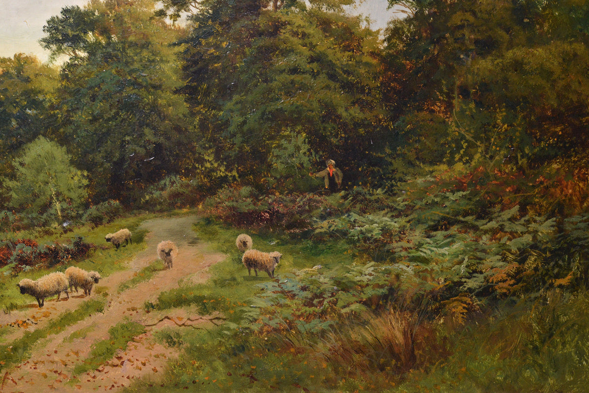 Pastoral panoramic landscape Shepherd with sheep Large oil painting by Lawson