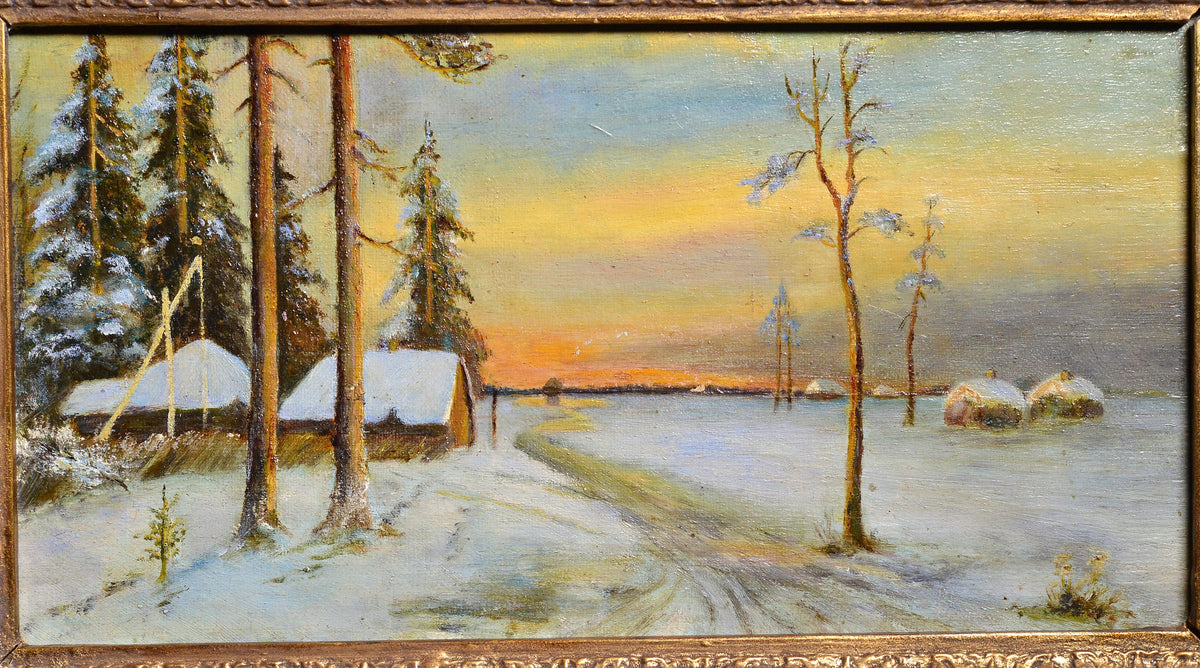 Russian countryside landscape Winter sunset 19th century Oil painting framed