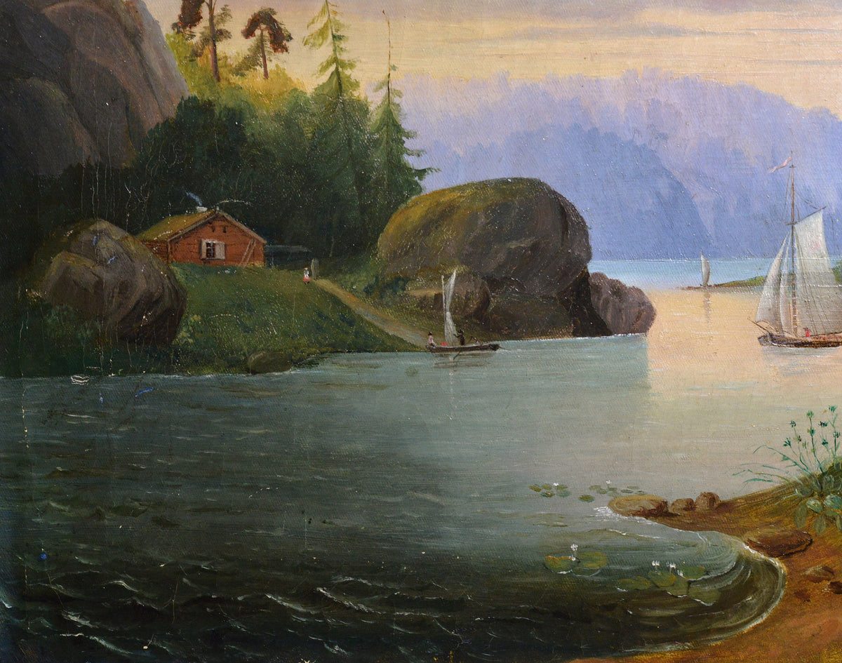 Scandinavian landscape Fjords at beautiful sunset 19th century Oil painting