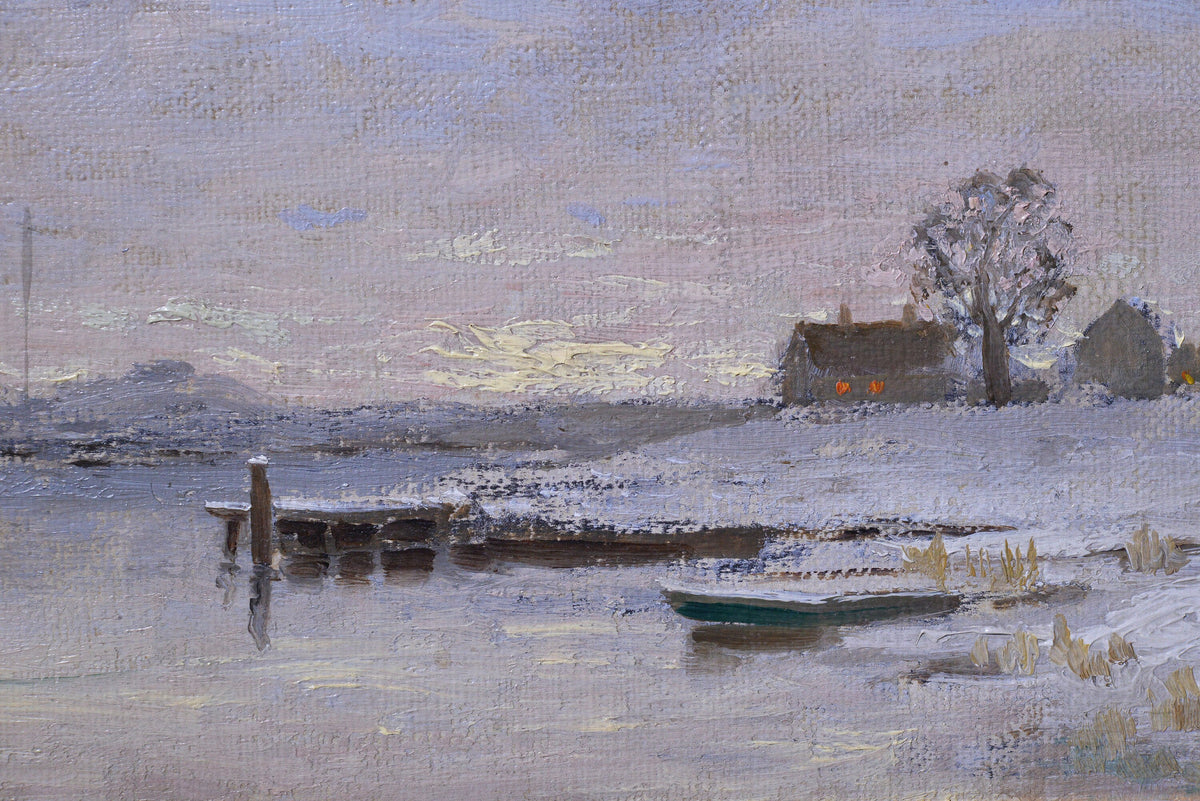 Winter evening by lake shore Swedish oil landscape by I. Naumann 19th century