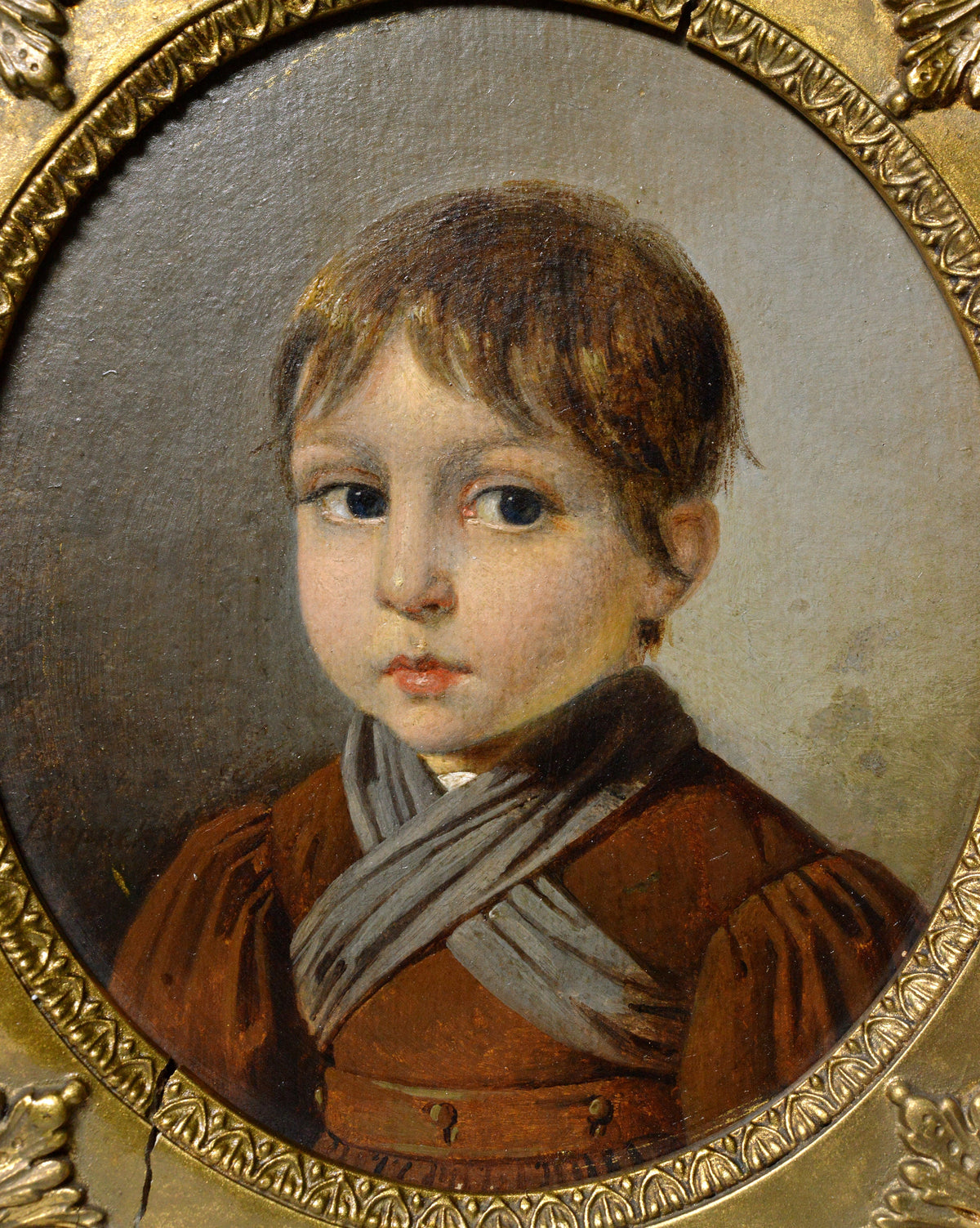 Portrait of Child winter dress 19C Oil painting by Russian master