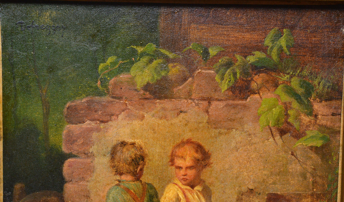 Genre scene Little brawlers 19C oil painting Austrian master Defregger