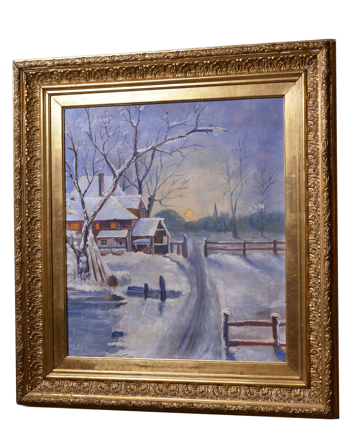 Winter evening at sunset Scandinavian landscape 19C antique oil painting